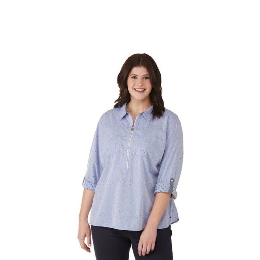 Tommy Hilfiger Women's Plus Size Polka‎ Dot Zip Front Cotton Shirt Blue Size 1X